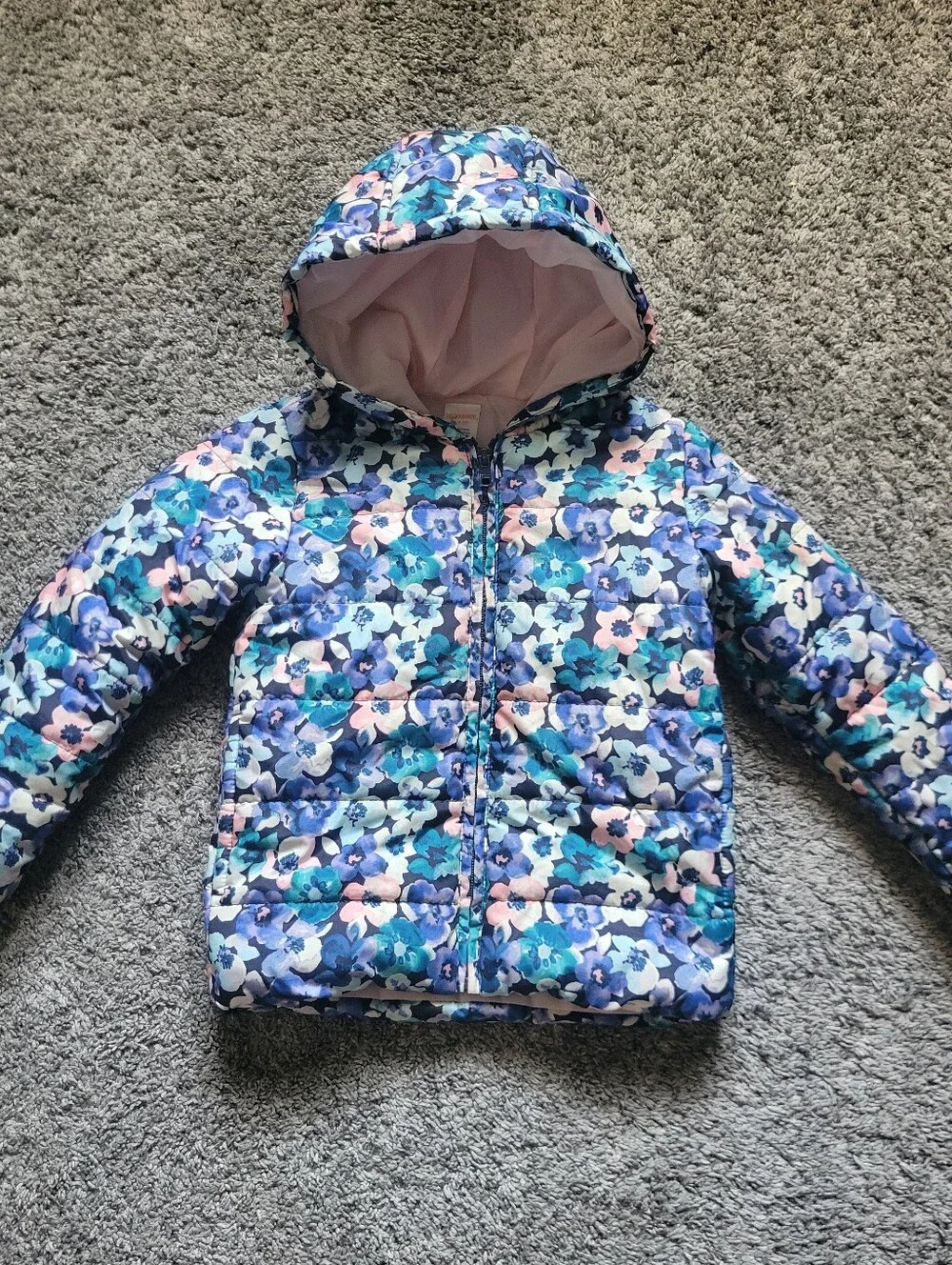 Gymboree Floral Hooded Puffer Jacket Size 4/5T Zipper Closure Functional Pockets